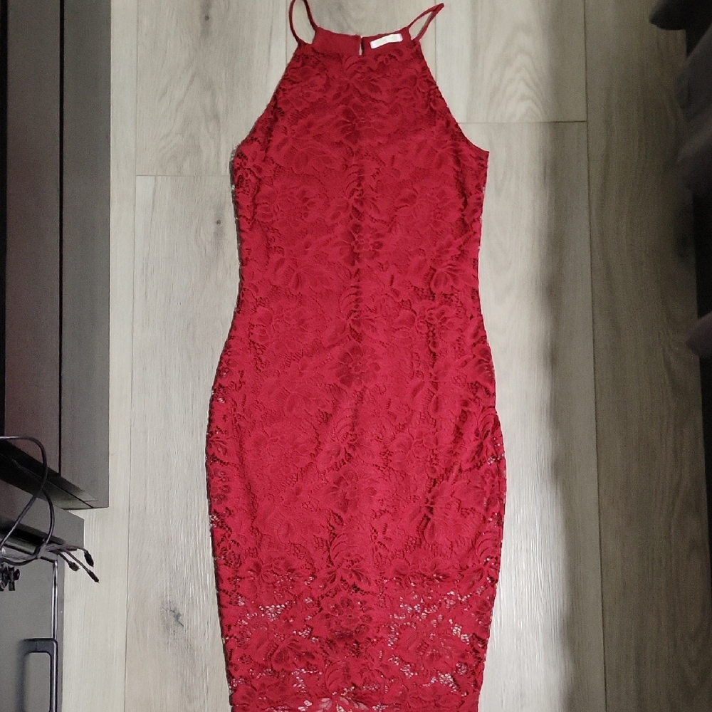 Olive Tree Elegant Red Lace Halter Dress Size L